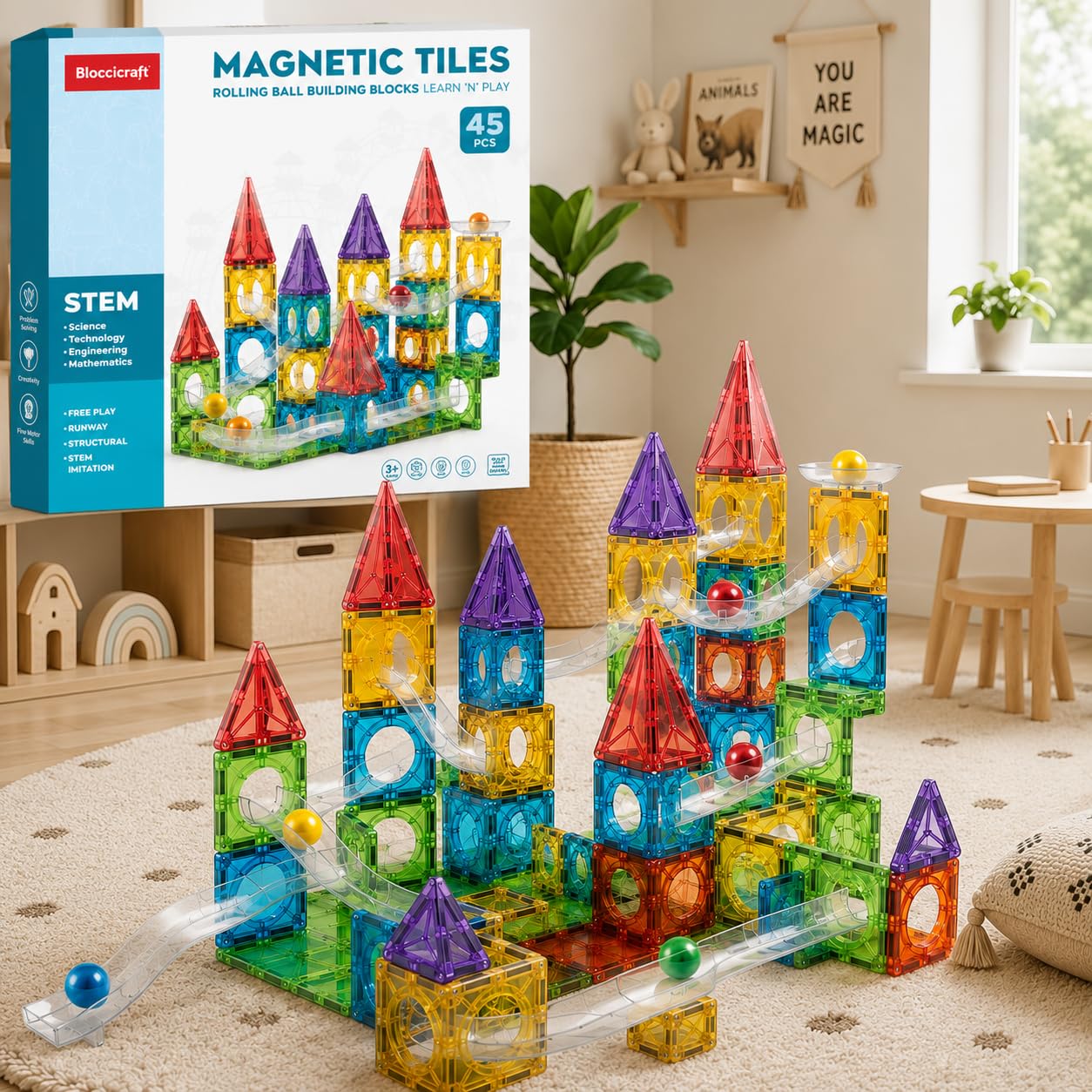 Premium DIY Magnetic Tiles 45 PCS Marble Run Building Blocks for Kids 3+ Years