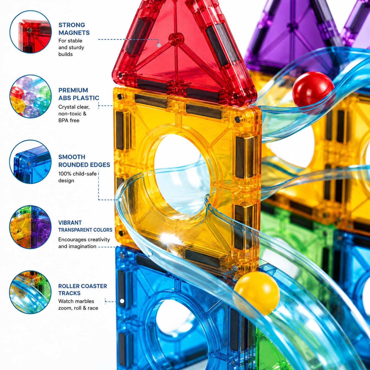 Premium DIY Magnetic Tiles 75 PCS Marble Run Building Blocks for Kids 3+ Years