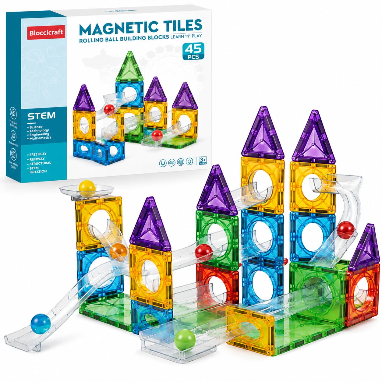 Premium DIY Magnetic Tiles 45 PCS Marble Run Building Blocks for Kids 3+ Years